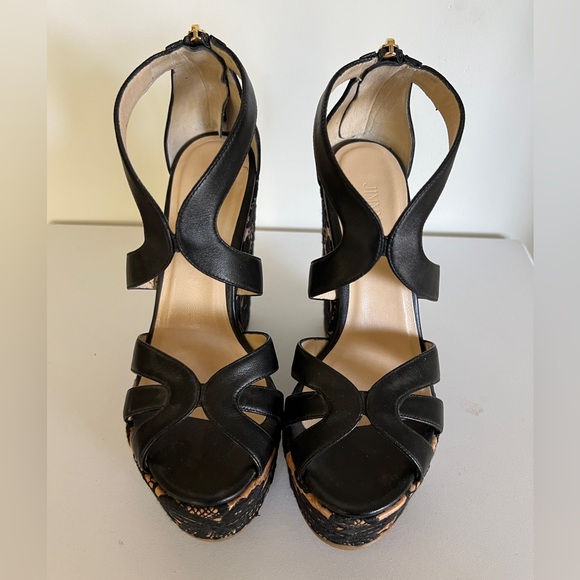 Jimmy Choo Black Leather Parrow Lace Wedge Platform Sandals Size 36.5 - Picture 2 of 10